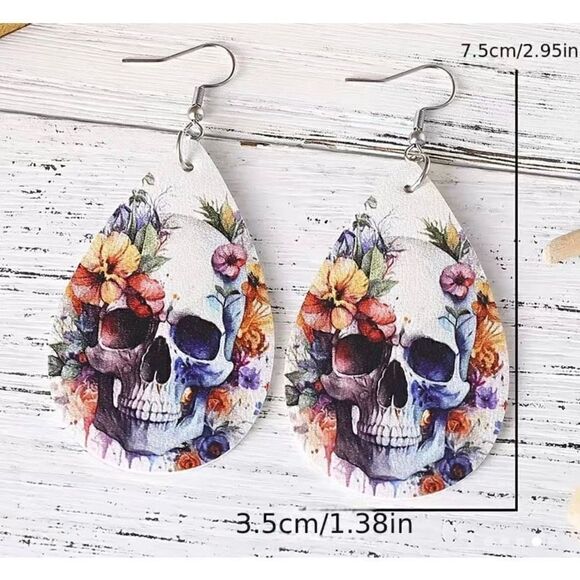 NWT Sugar Skull White Leather Colorful Flower Teardrop Dangle Earrings - Picture 4 of 5